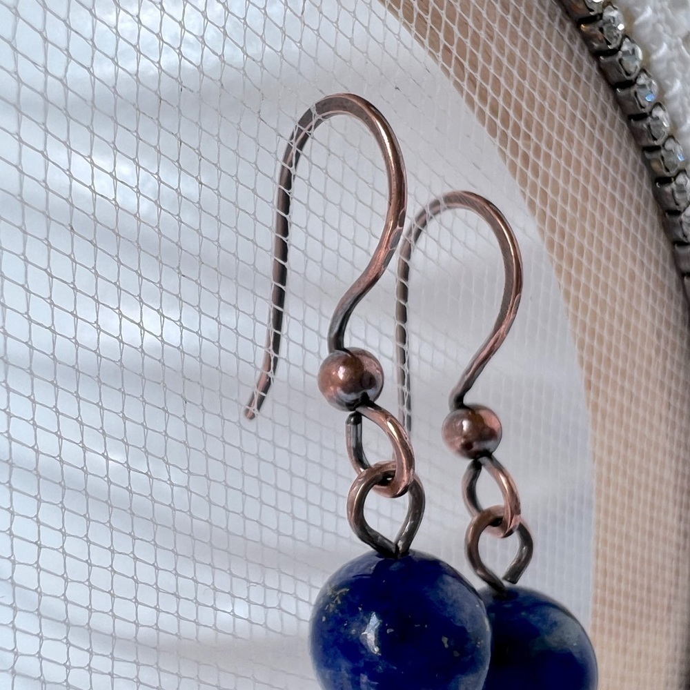 Blue Lapis Beaded Wire Wrap Copper Minimalist Earrings - Picture 3 of 11